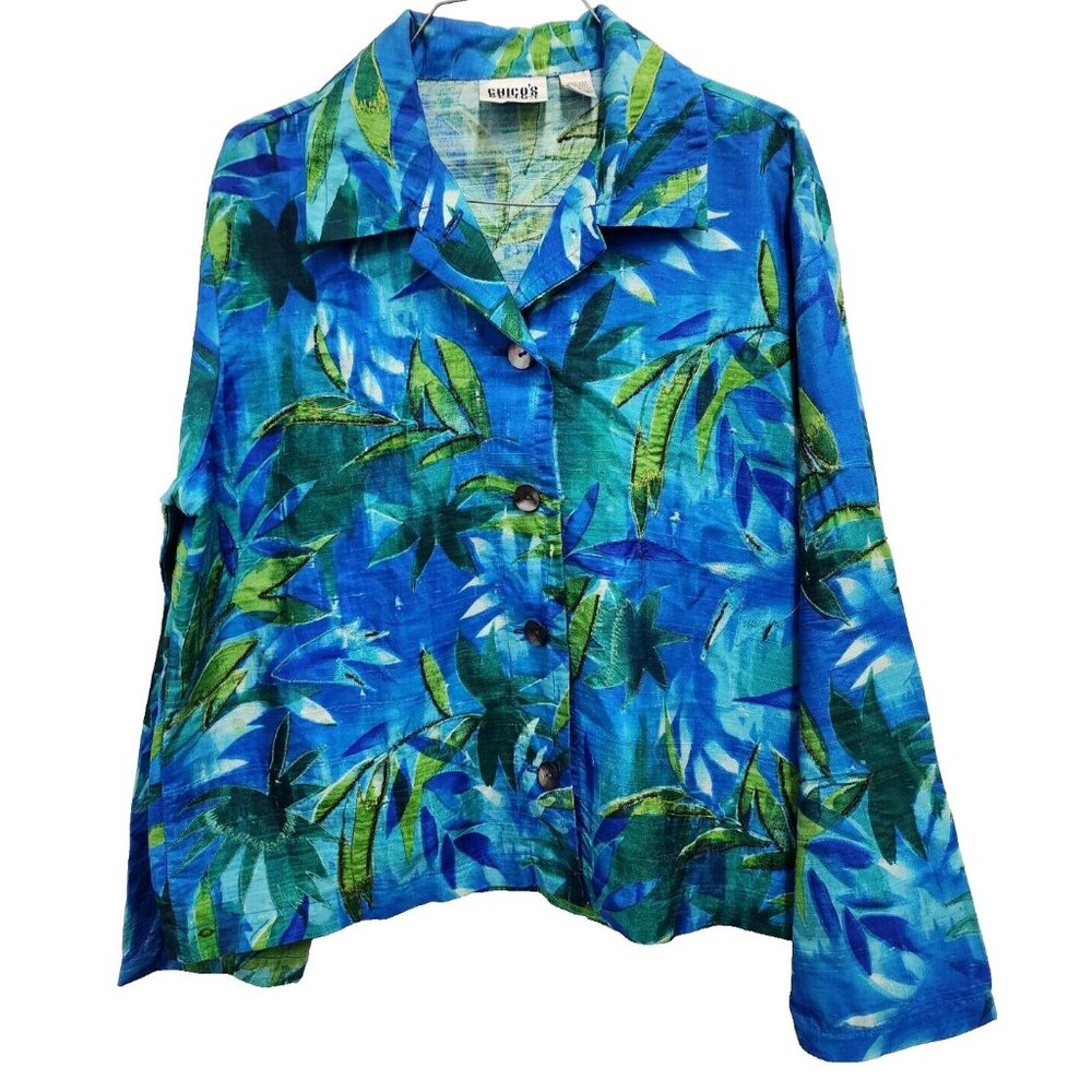 Chicos Design Womens Wearable Art Silk Jacket Large Blue Green Leaf Print Beaded